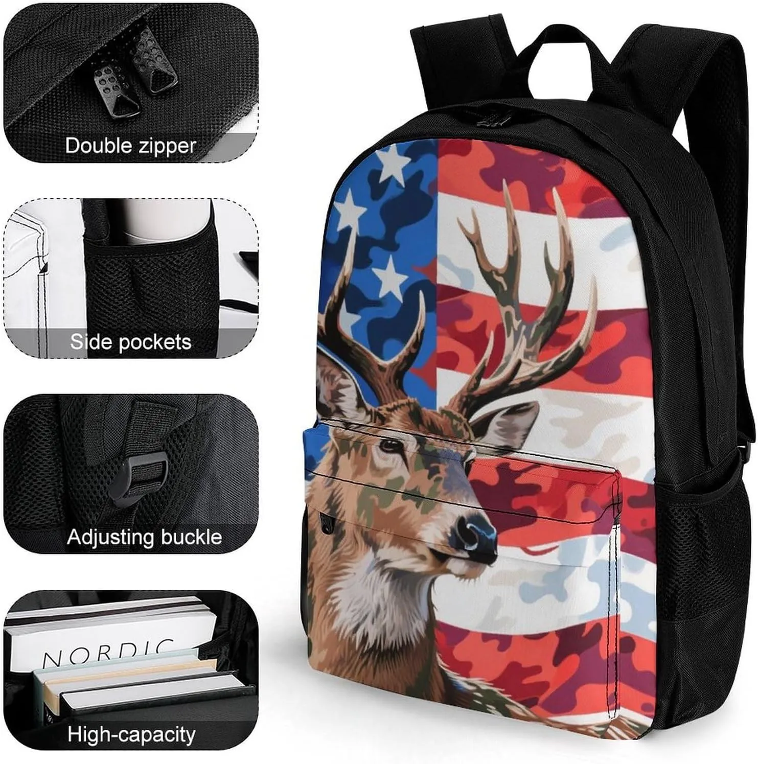 Lightweight Rucksacks for Climbing Outdoors Walking Cycling - Large Capacity Anti-Theft Multipurpose Carry On Bag, American Flag Camo Deer Camouflage Art Camping Outdoor Backpack