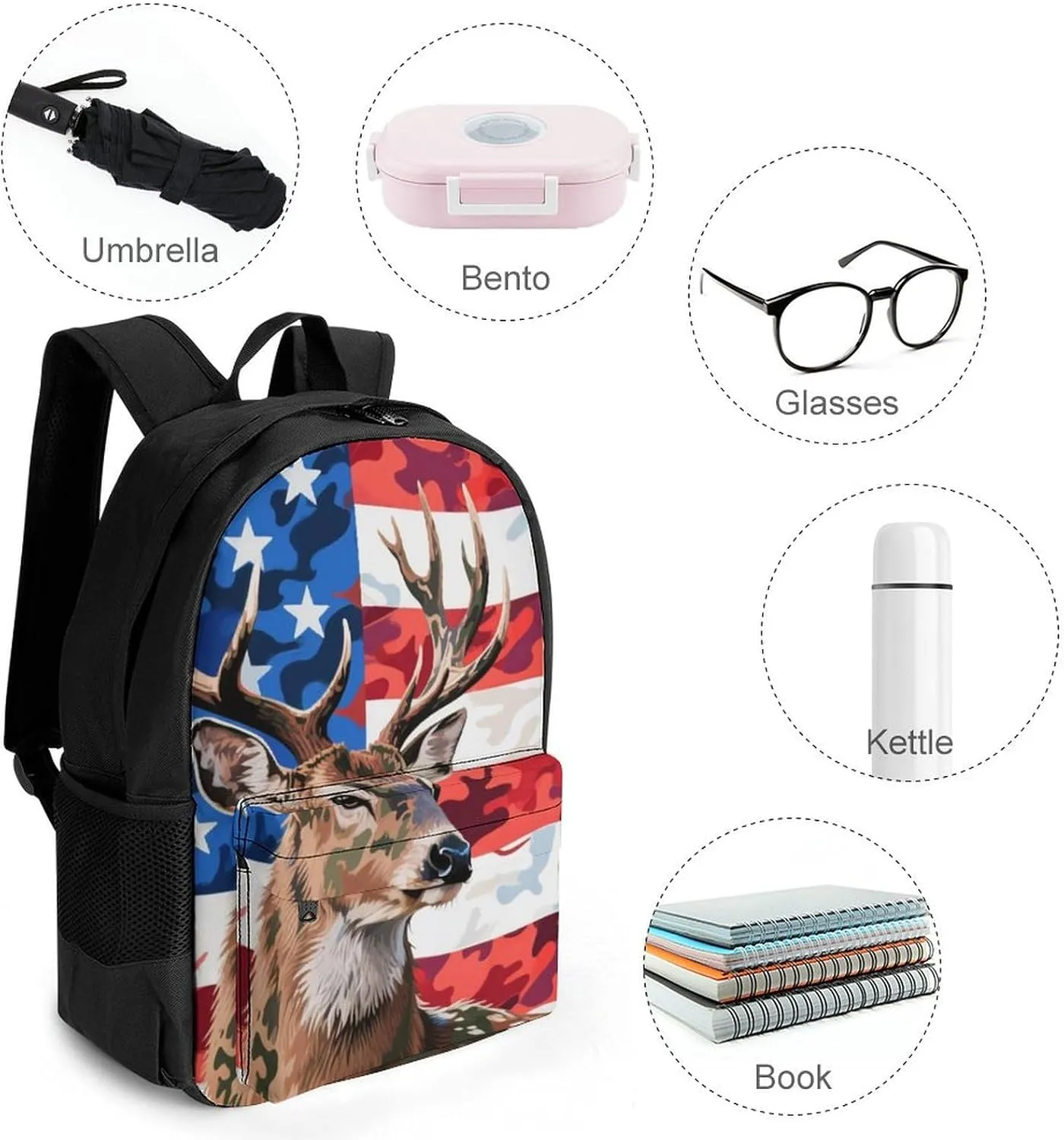 Lightweight Rucksacks for Climbing Outdoors Walking Cycling - Large Capacity Anti-Theft Multipurpose Carry On Bag, American Flag Camo Deer Camouflage Art Camping Outdoor Backpack