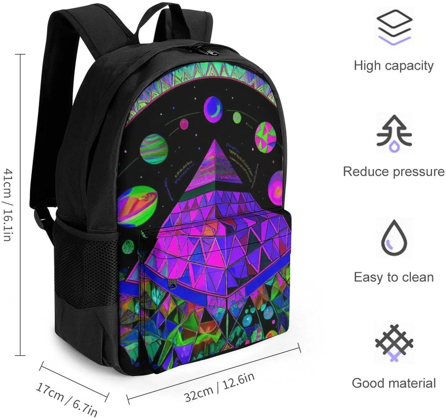 Lightweight Rucksacks for Climbing Outdoors Walking Cycling - Large Capacity Anti-Theft Multipurpose Carry On Bag, Psychedelic Pyramid Mushroom Planet Art Camping Outdoor Backpack