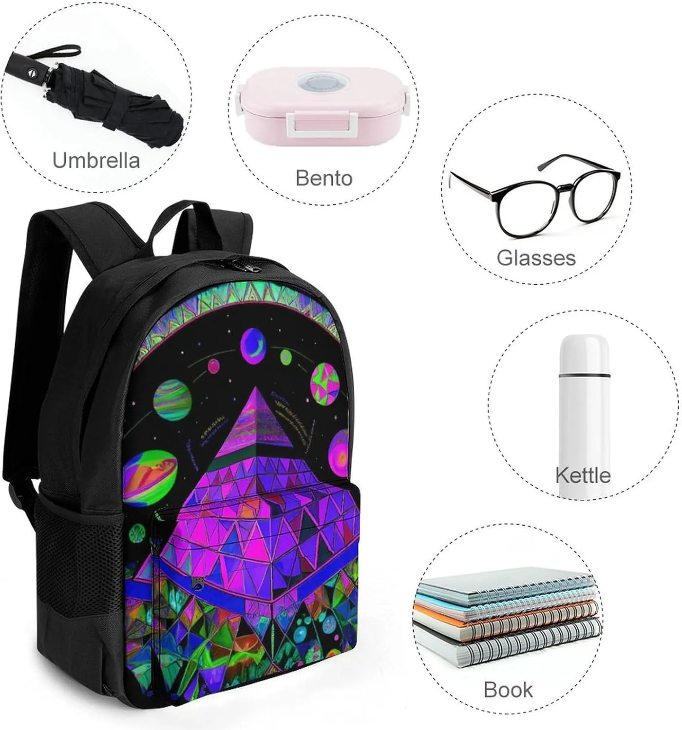 Lightweight Rucksacks for Climbing Outdoors Walking Cycling - Large Capacity Anti-Theft Multipurpose Carry On Bag, Psychedelic Pyramid Mushroom Planet Art Camping Outdoor Backpack