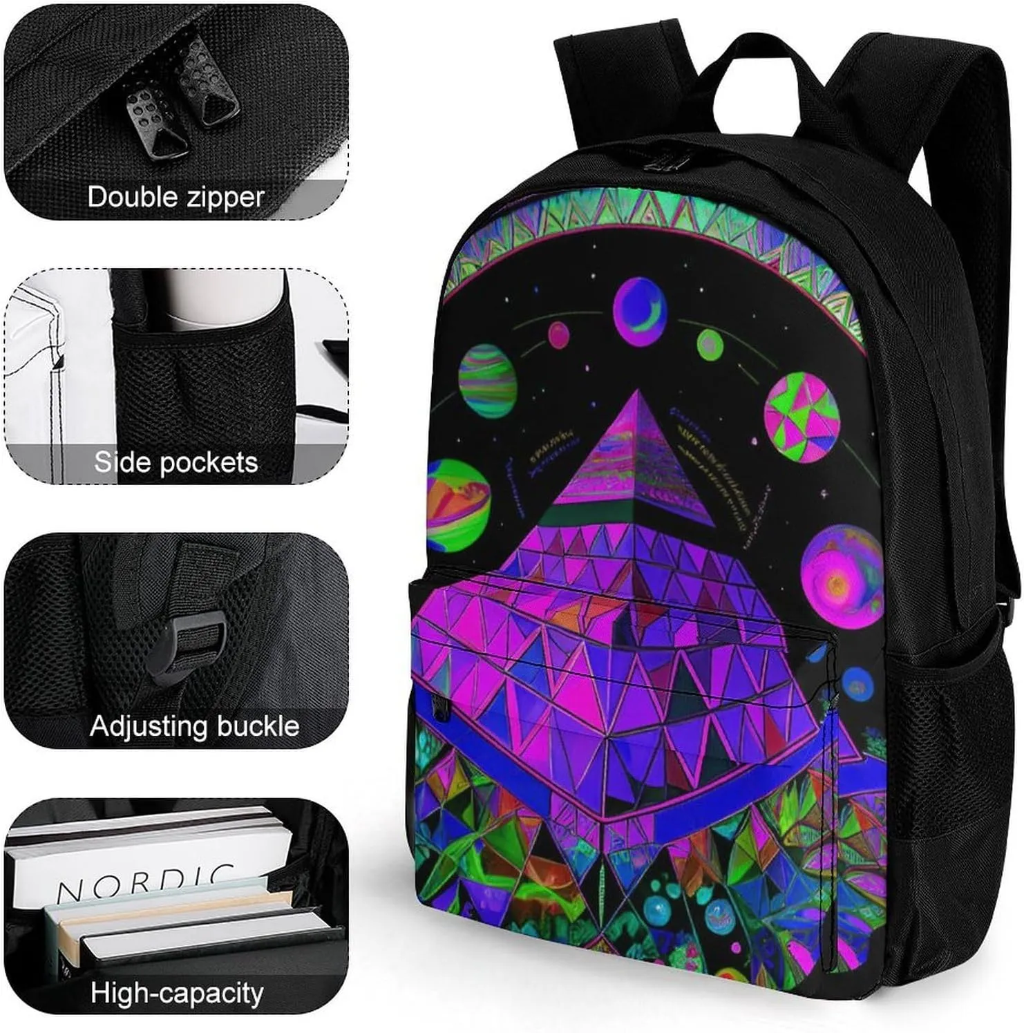Lightweight Rucksacks for Climbing Outdoors Walking Cycling - Large Capacity Anti-Theft Multipurpose Carry On Bag, Psychedelic Pyramid Mushroom Planet Art Camping Outdoor Backpack