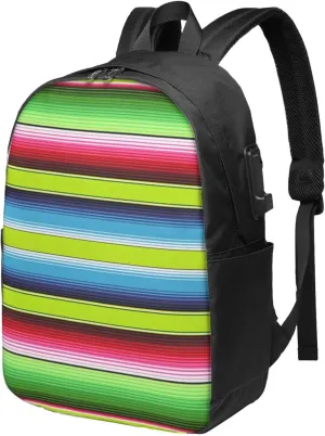 Lime Green Mexican Stripes Laptop Backpacks Travel Backpack Casual Business Daypack Sport Rucksack Computer Bag Fits up to 17 Inch Notebook with USB Port