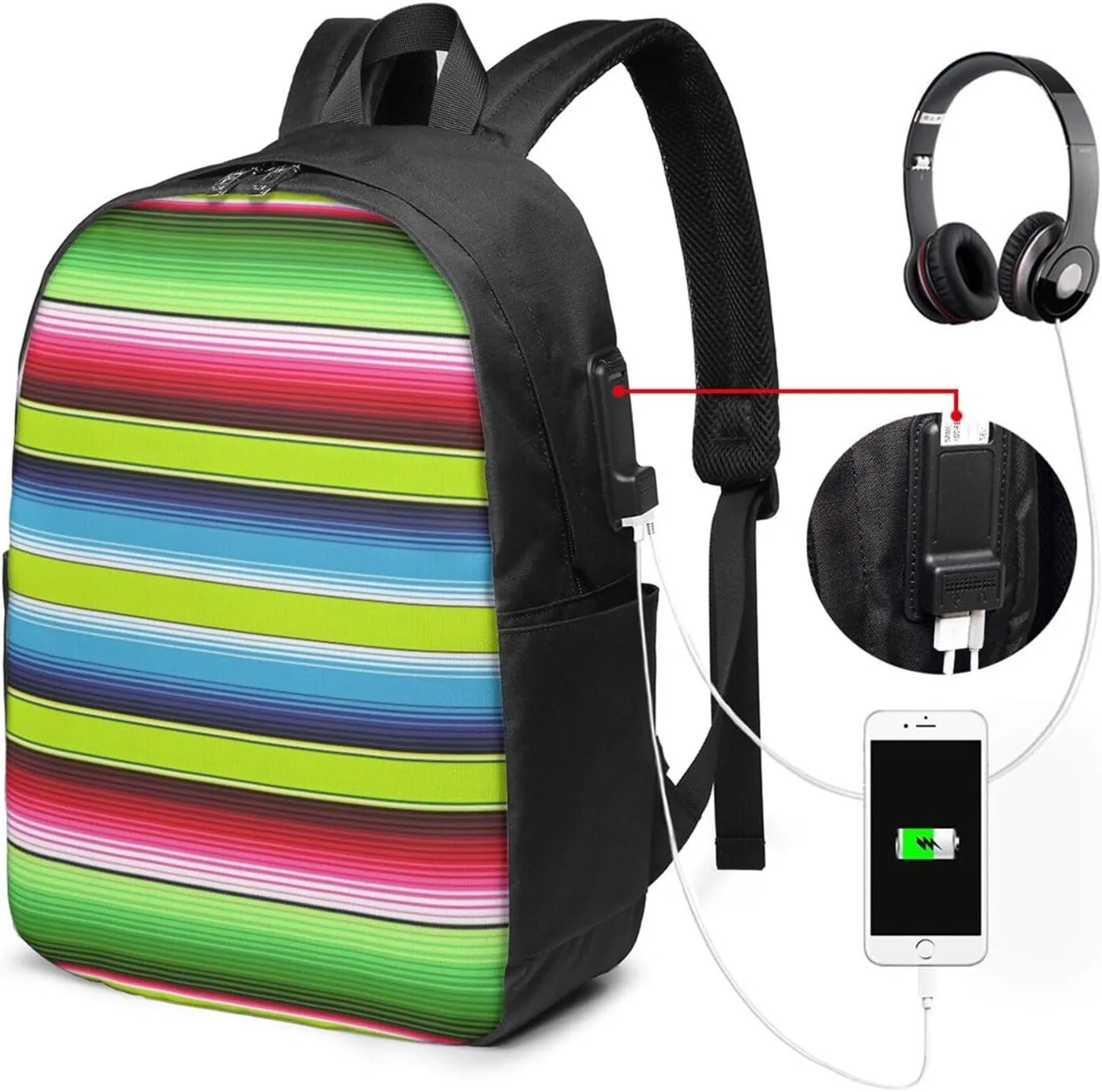 Lime Green Mexican Stripes Laptop Backpacks Travel Backpack Casual Business Daypack Sport Rucksack Computer Bag Fits up to 17 Inch Notebook with USB Port