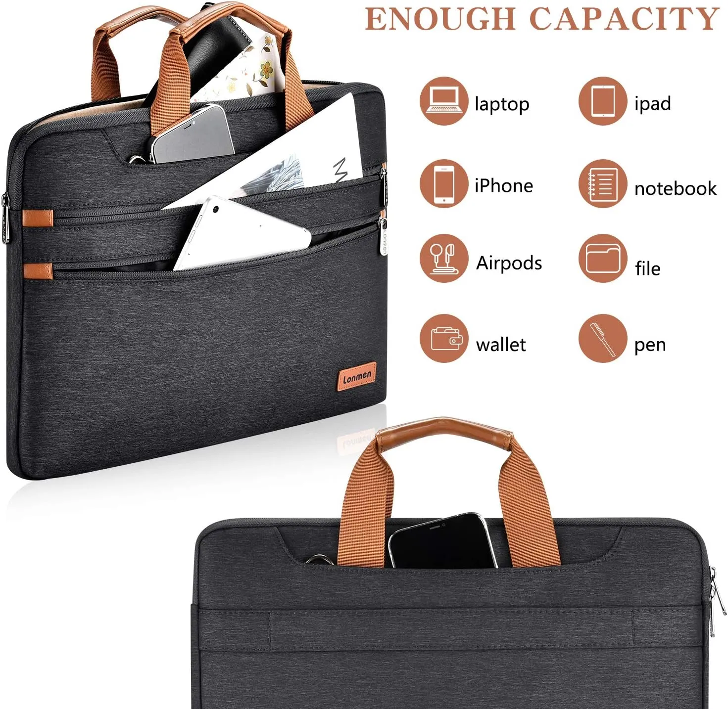 LONMEN 15.6 Inch Laptop Shoulder Bag,Computer Sleeve Carrying Case for Lenovo 15.6" Ideapad 330/15.6" HP EliteBook 850 G3 / Dell New Latitude 3590 Chromebook Ultrabook (Black)