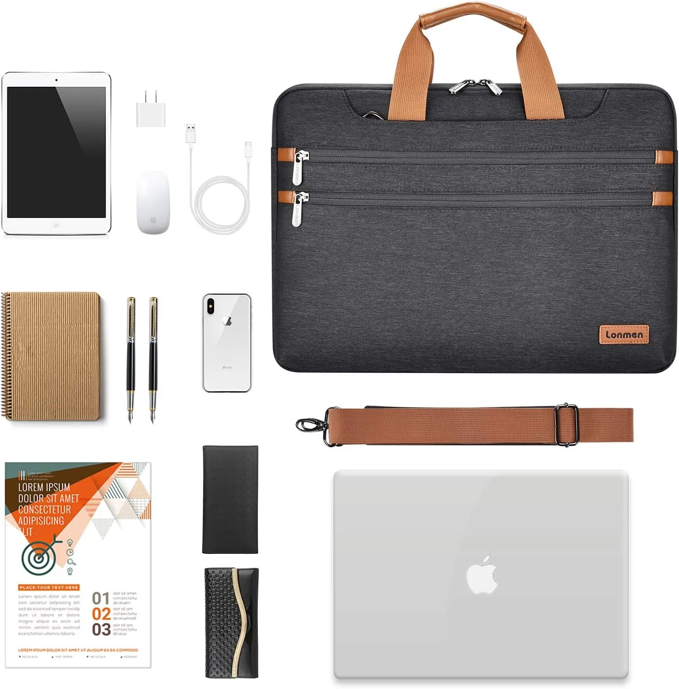 LONMEN 15.6 Inch Laptop Shoulder Bag,Computer Sleeve Carrying Case for Lenovo 15.6" Ideapad 330/15.6" HP EliteBook 850 G3 / Dell New Latitude 3590 Chromebook Ultrabook (Black)