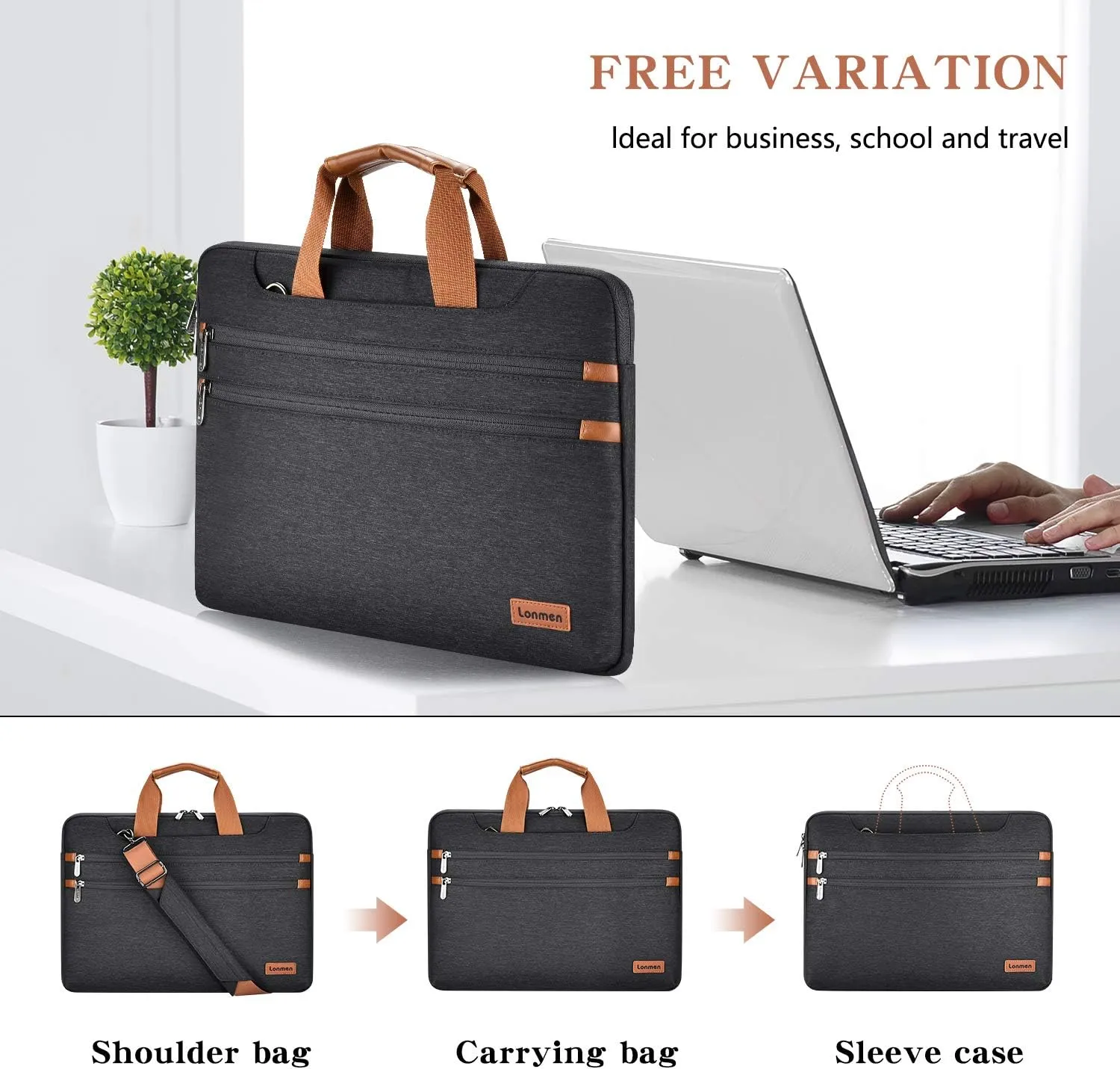 LONMEN 15.6 Inch Laptop Shoulder Bag,Computer Sleeve Carrying Case for Lenovo 15.6" Ideapad 330/15.6" HP EliteBook 850 G3 / Dell New Latitude 3590 Chromebook Ultrabook (Black)