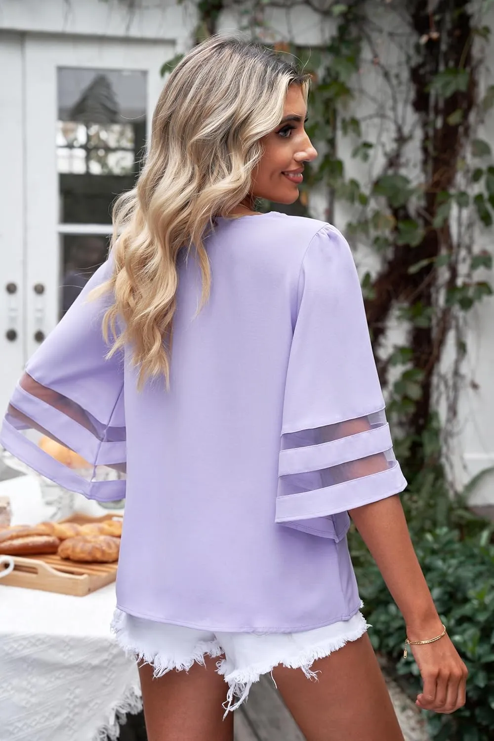 LookbookStore Tops for Women Trendy 2024 Dressy Casual V Neck Mesh Panel Blouse 3/4 Bell Sleeve Shirt