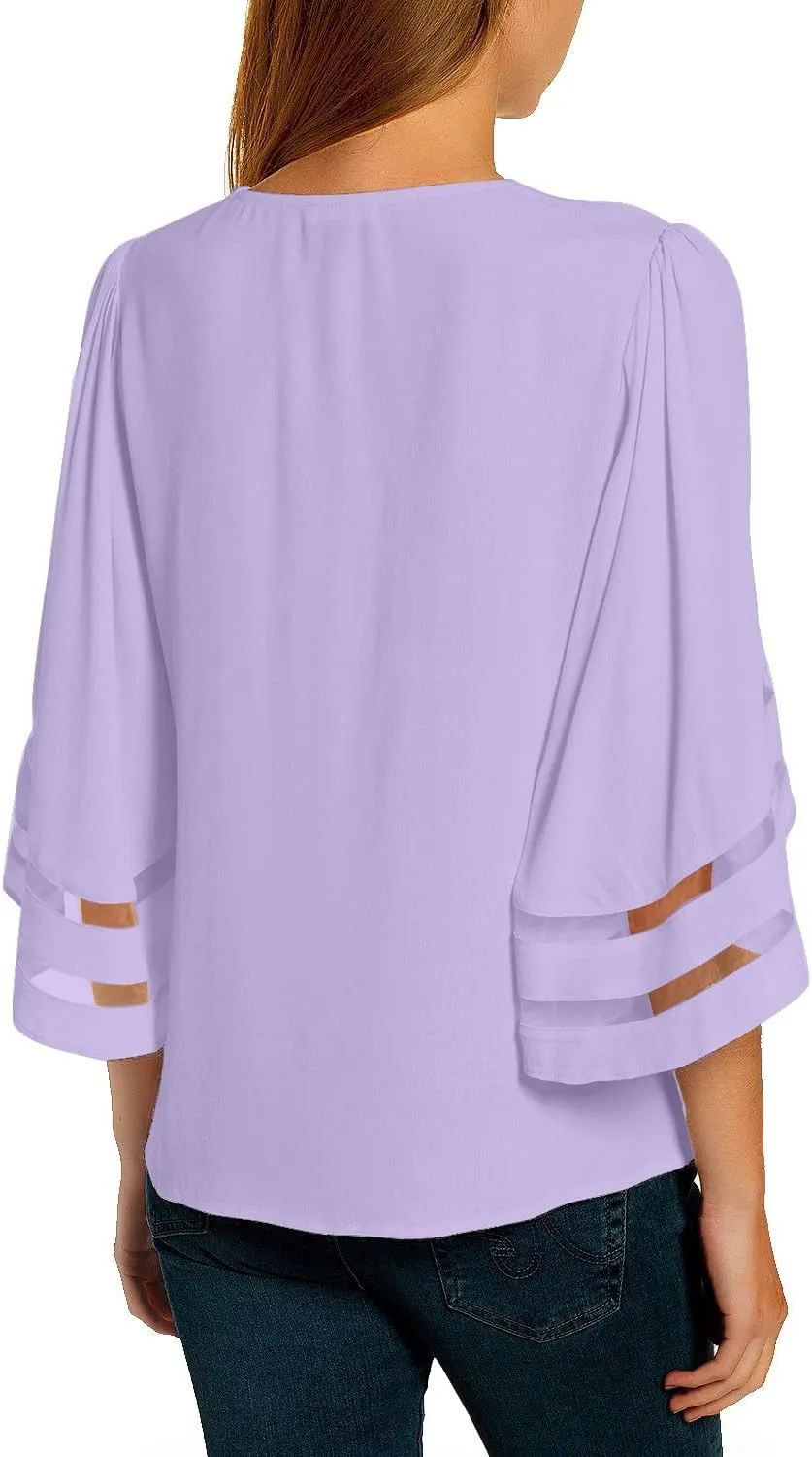 LookbookStore Tops for Women Trendy 2024 Dressy Casual V Neck Mesh Panel Blouse 3/4 Bell Sleeve Shirt