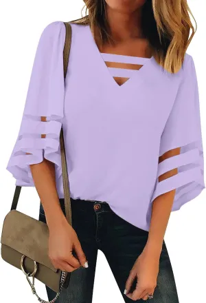 LookbookStore Tops for Women Trendy 2024 Dressy Casual V Neck Mesh Panel Blouse 3/4 Bell Sleeve Shirt