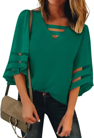 LookbookStore Tops for Women Trendy 2024 Dressy Casual V Neck Mesh Panel Blouse 3/4 Bell Sleeve Shirt