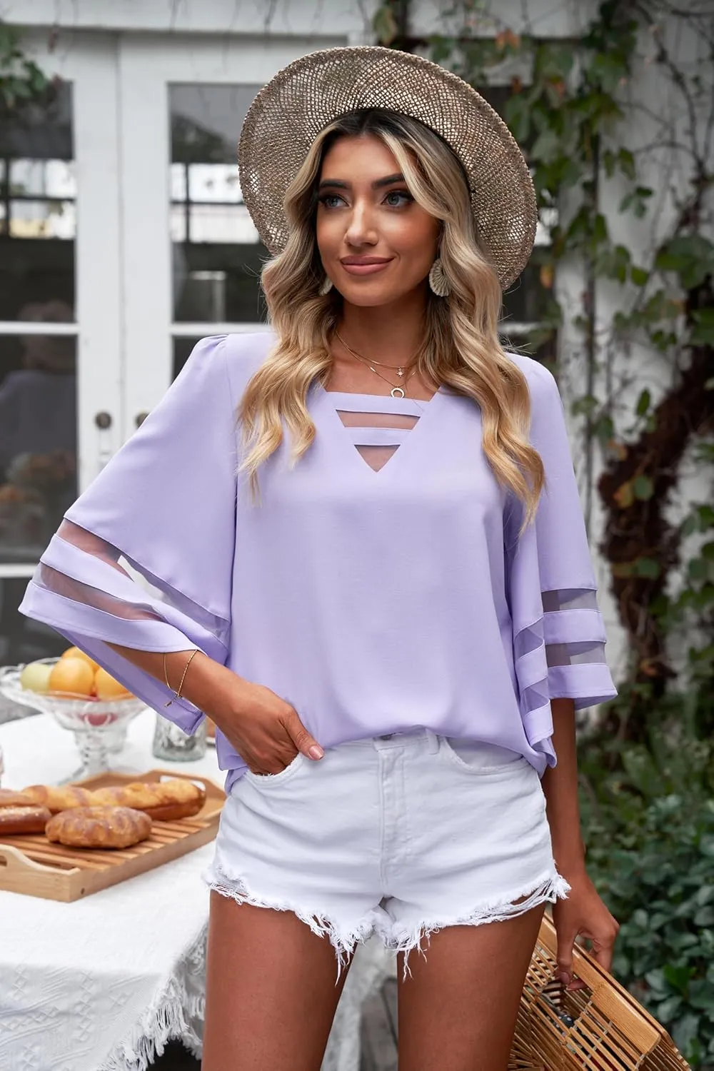 LookbookStore Tops for Women Trendy 2024 Dressy Casual V Neck Mesh Panel Blouse 3/4 Bell Sleeve Shirt
