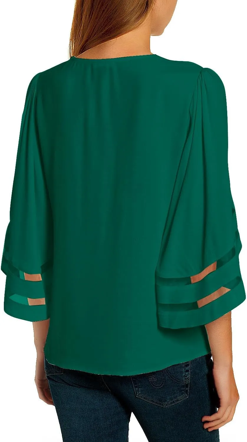 LookbookStore Tops for Women Trendy 2024 Dressy Casual V Neck Mesh Panel Blouse 3/4 Bell Sleeve Shirt