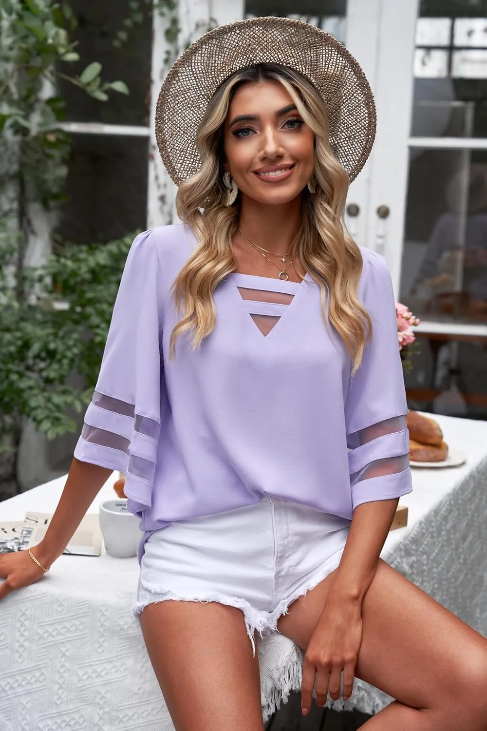 LookbookStore Tops for Women Trendy 2024 Dressy Casual V Neck Mesh Panel Blouse 3/4 Bell Sleeve Shirt