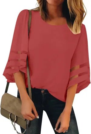 LookbookStore Women Casual Crew Neck Shirt Top 3/4 Bell Sleeve Mesh Panel Blouse