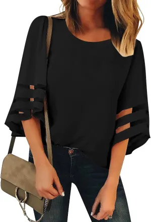 LookbookStore Women Casual Crew Neck Shirt Top 3/4 Bell Sleeve Mesh Panel Blouse