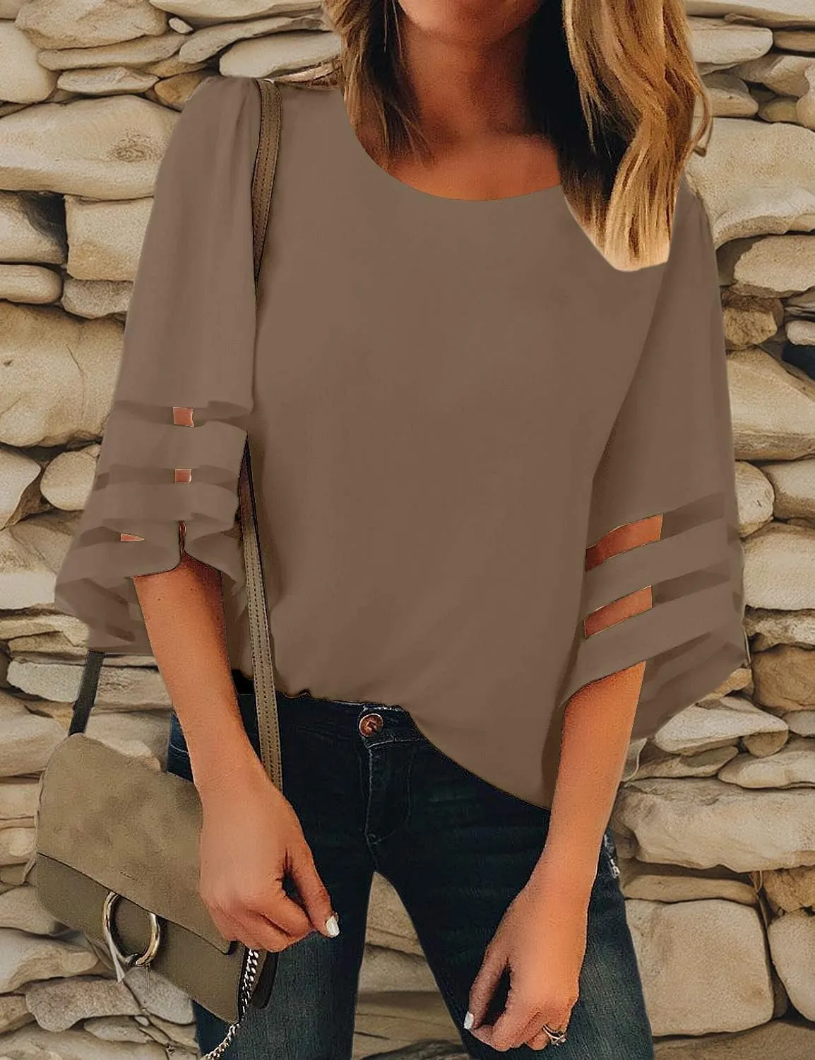 LookbookStore Women Casual Crew Neck Shirt Top 3/4 Bell Sleeve Mesh Panel Blouse