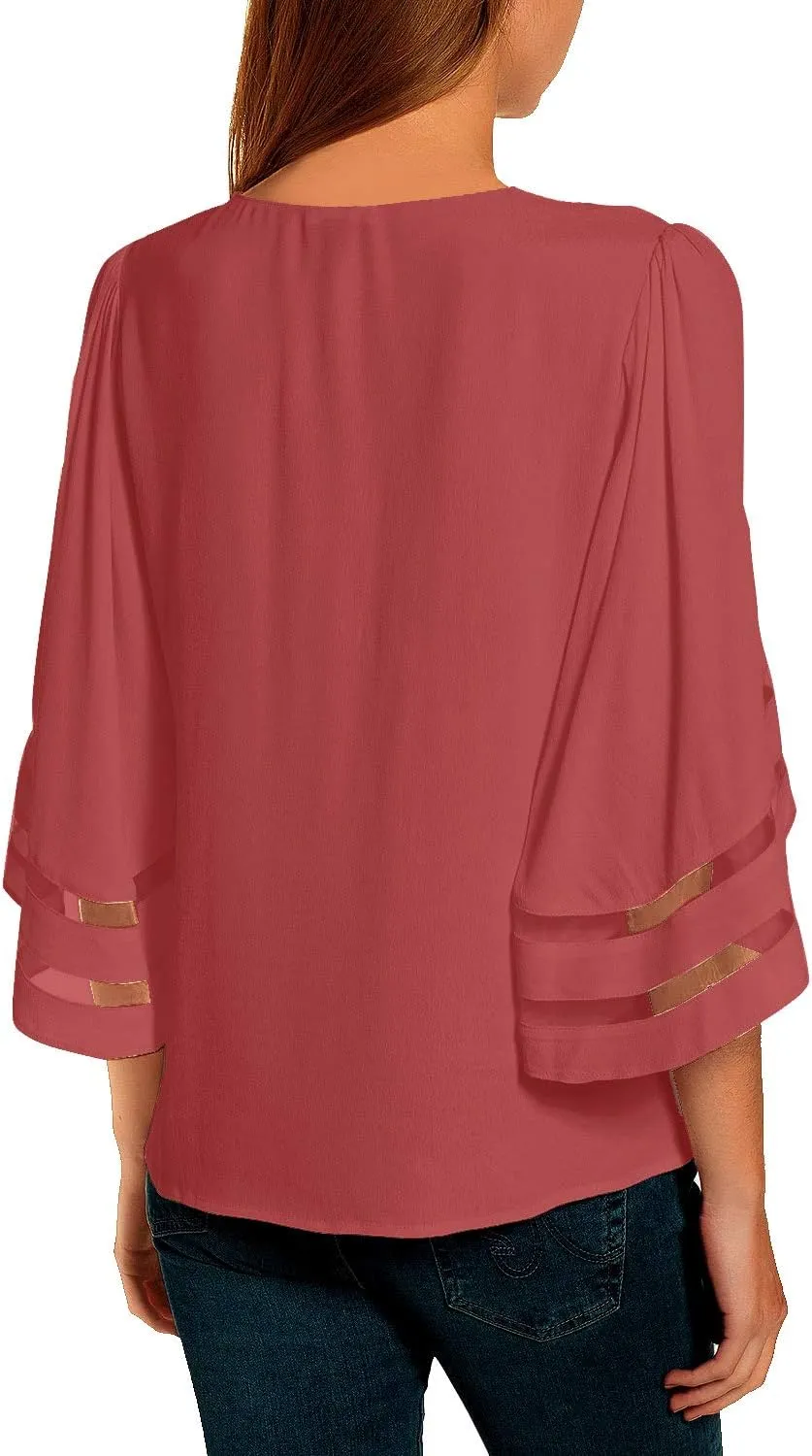 LookbookStore Women Casual Crew Neck Shirt Top 3/4 Bell Sleeve Mesh Panel Blouse