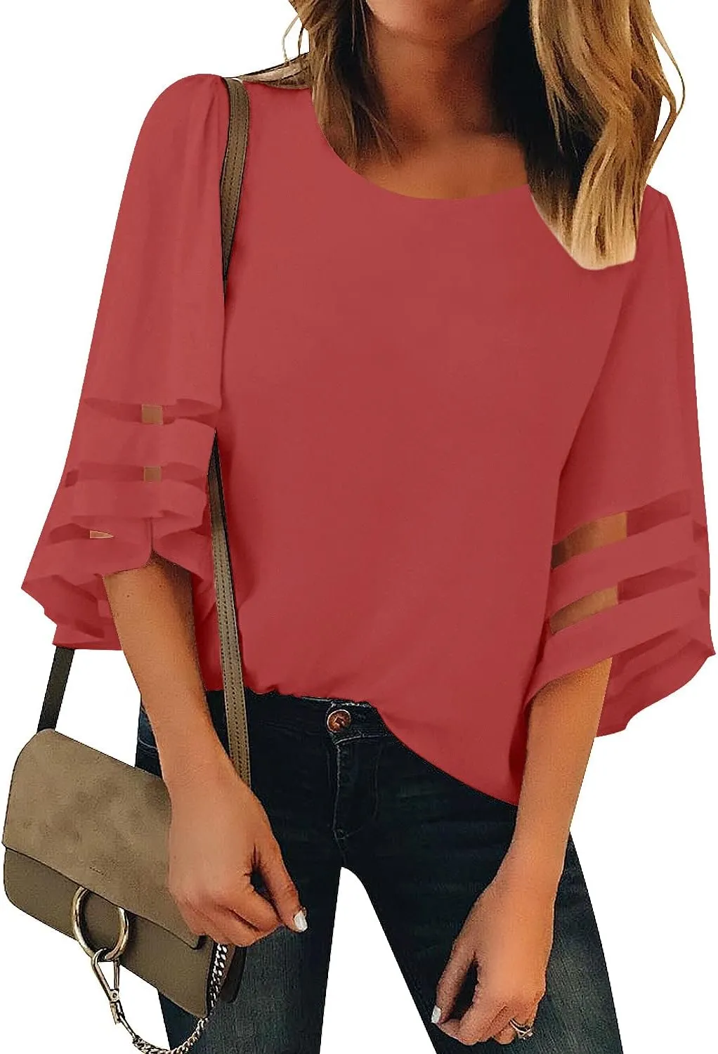 LookbookStore Women Casual Crew Neck Shirt Top 3/4 Bell Sleeve Mesh Panel Blouse