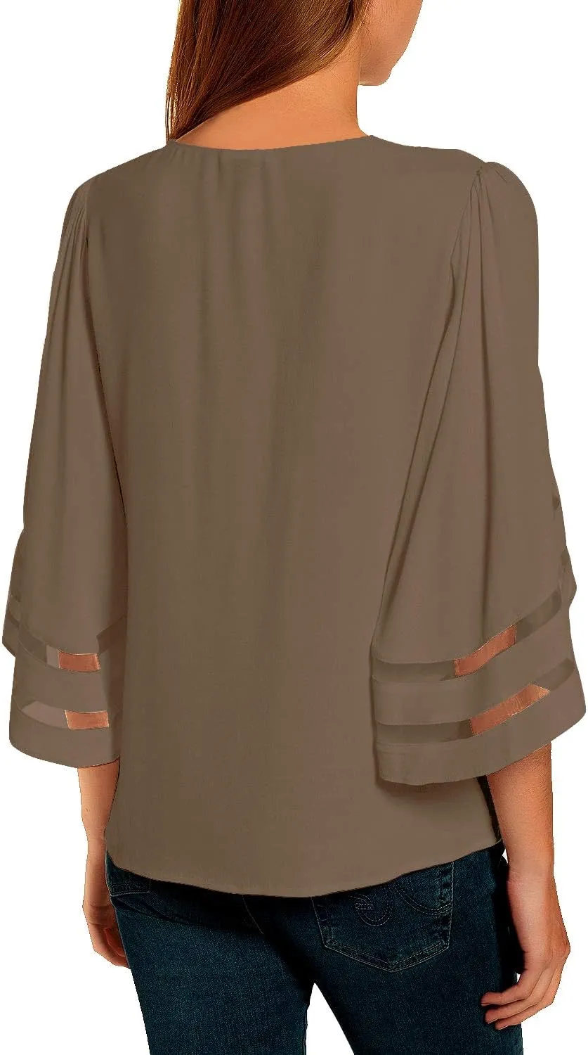 LookbookStore Women Casual Crew Neck Shirt Top 3/4 Bell Sleeve Mesh Panel Blouse