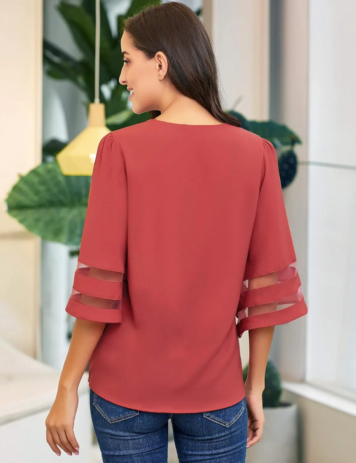 LookbookStore Women Casual Crew Neck Shirt Top 3/4 Bell Sleeve Mesh Panel Blouse