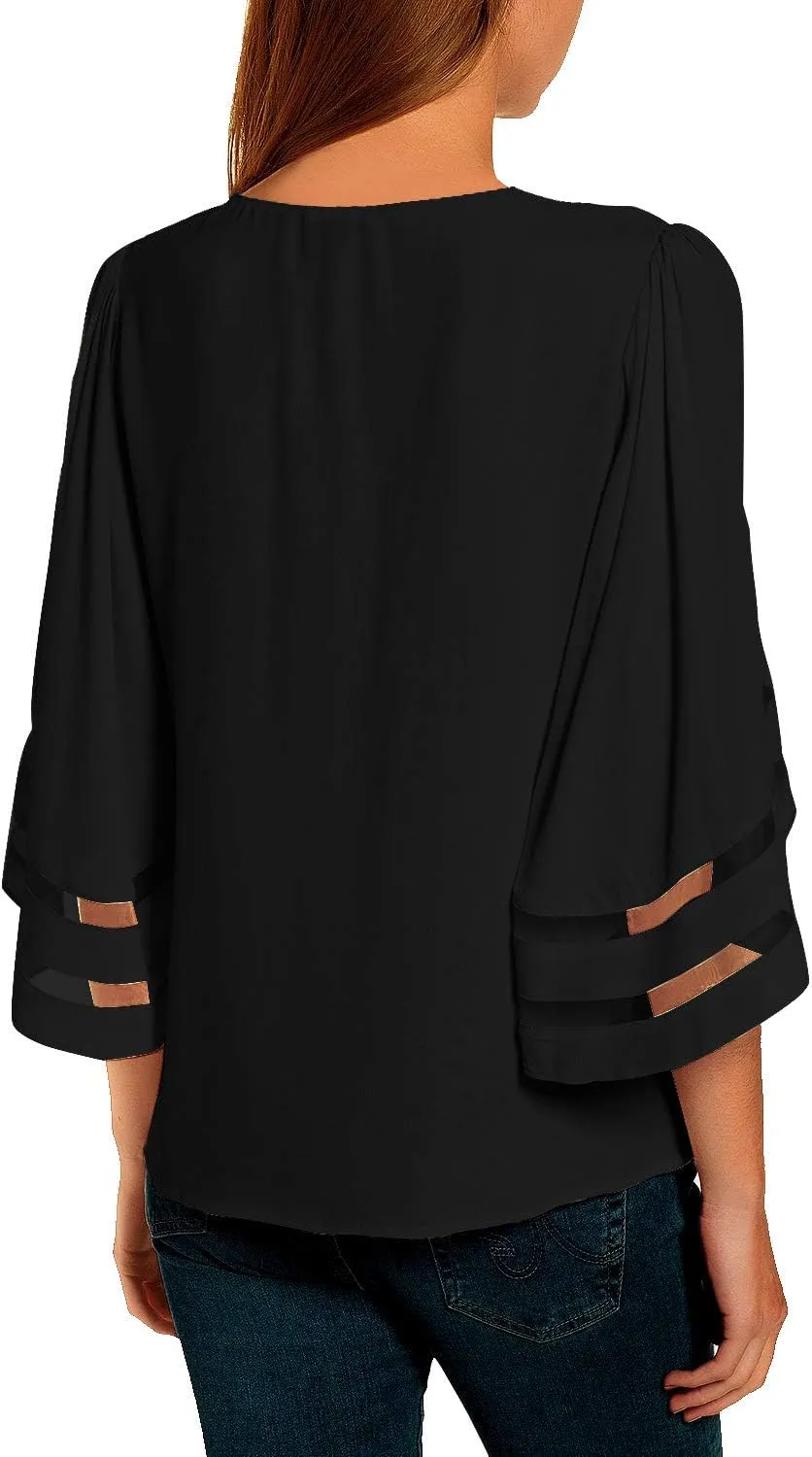 LookbookStore Women Casual Crew Neck Shirt Top 3/4 Bell Sleeve Mesh Panel Blouse