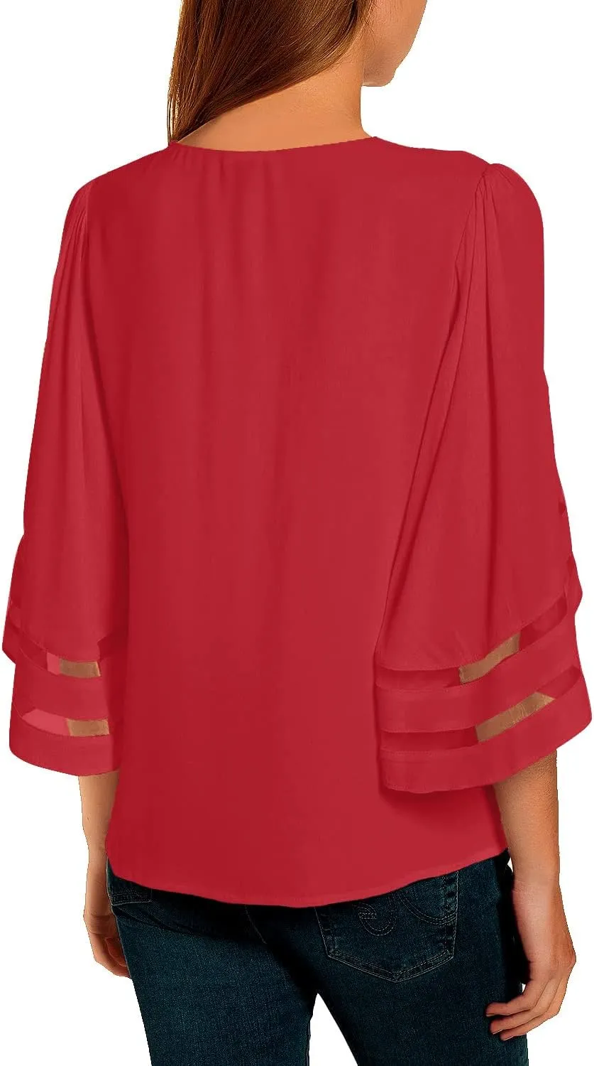 LookbookStore Women Casual Crew Neck Shirt Top 3/4 Bell Sleeve Mesh Panel Blouse