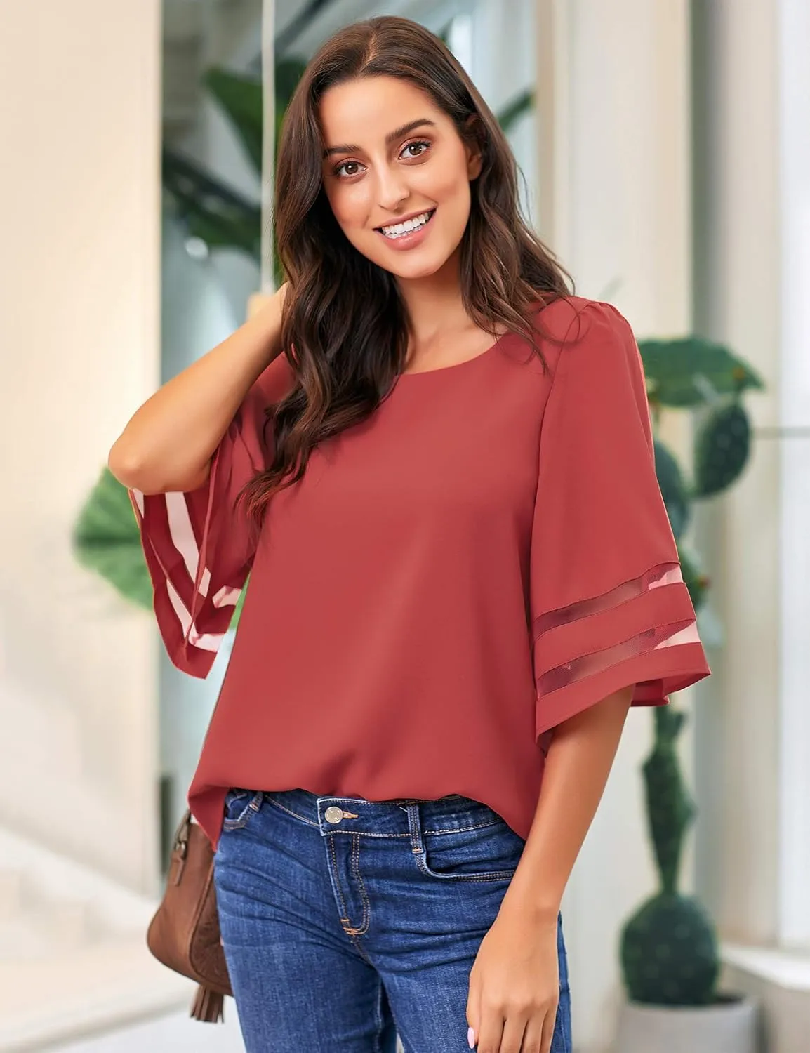 LookbookStore Women Casual Crew Neck Shirt Top 3/4 Bell Sleeve Mesh Panel Blouse
