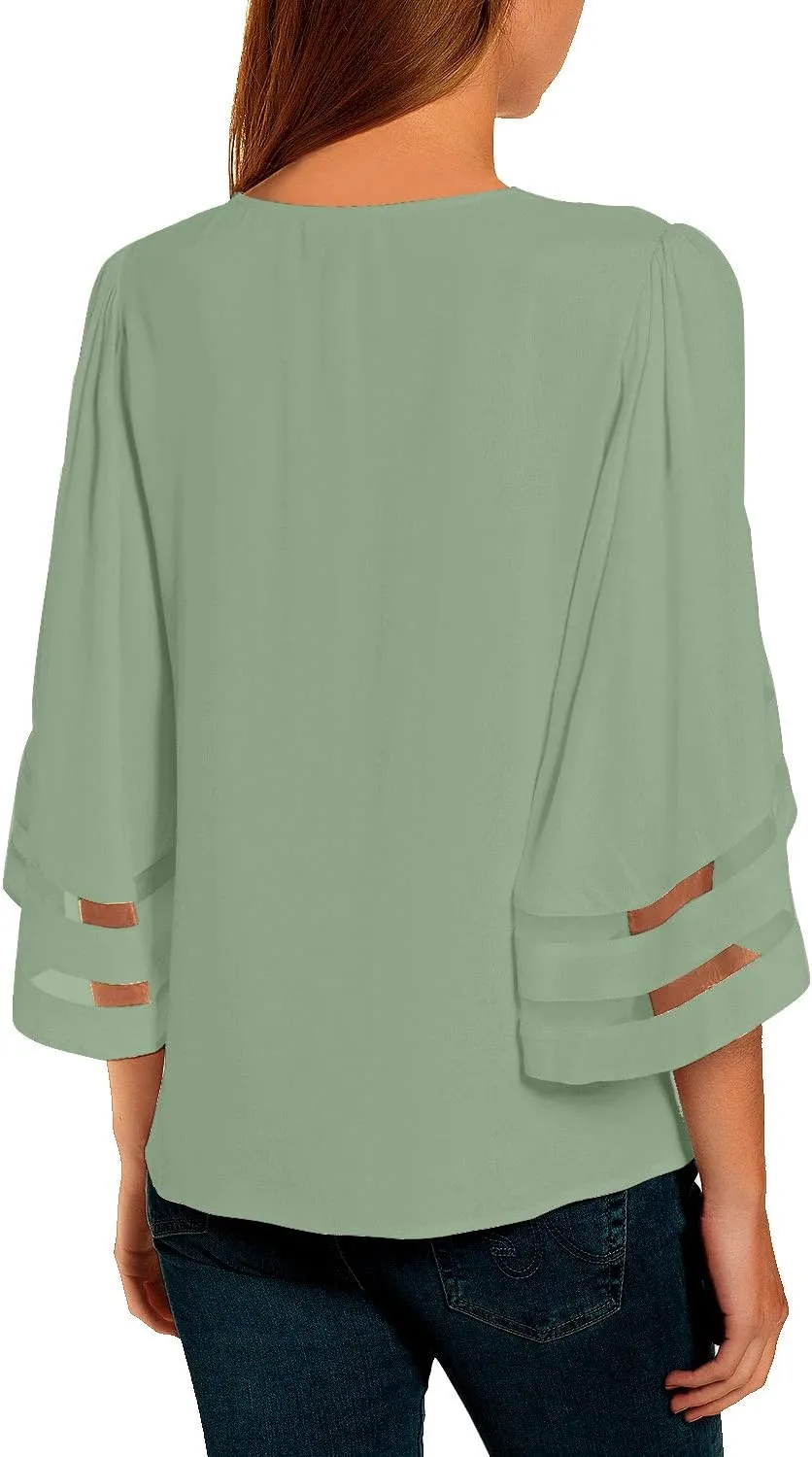 LookbookStore Women Casual Crew Neck Shirt Top 3/4 Bell Sleeve Mesh Panel Blouse