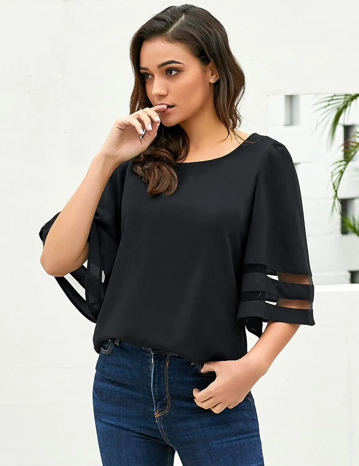 LookbookStore Women Casual Crew Neck Shirt Top 3/4 Bell Sleeve Mesh Panel Blouse