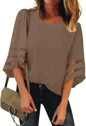 LookbookStore Women Casual Crew Neck Shirt Top 3/4 Bell Sleeve Mesh Panel Blouse