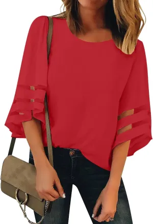 LookbookStore Women Casual Crew Neck Shirt Top 3/4 Bell Sleeve Mesh Panel Blouse