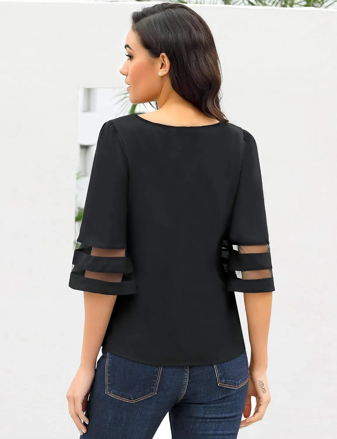 LookbookStore Women Casual Crew Neck Shirt Top 3/4 Bell Sleeve Mesh Panel Blouse