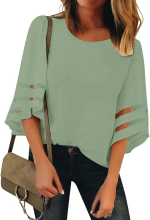 LookbookStore Women Casual Crew Neck Shirt Top 3/4 Bell Sleeve Mesh Panel Blouse