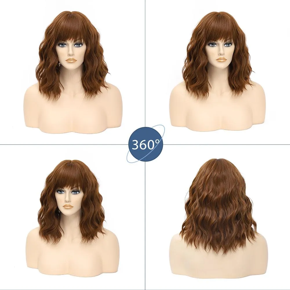 LOSMOEER Auburn Brown Wig with Bangs Short Wavy Wigs for Women Shoulder Length Curly Bob Wigs Heat Resistant Synthetic Wigs for Halloween Cosplay Daily Party Use
