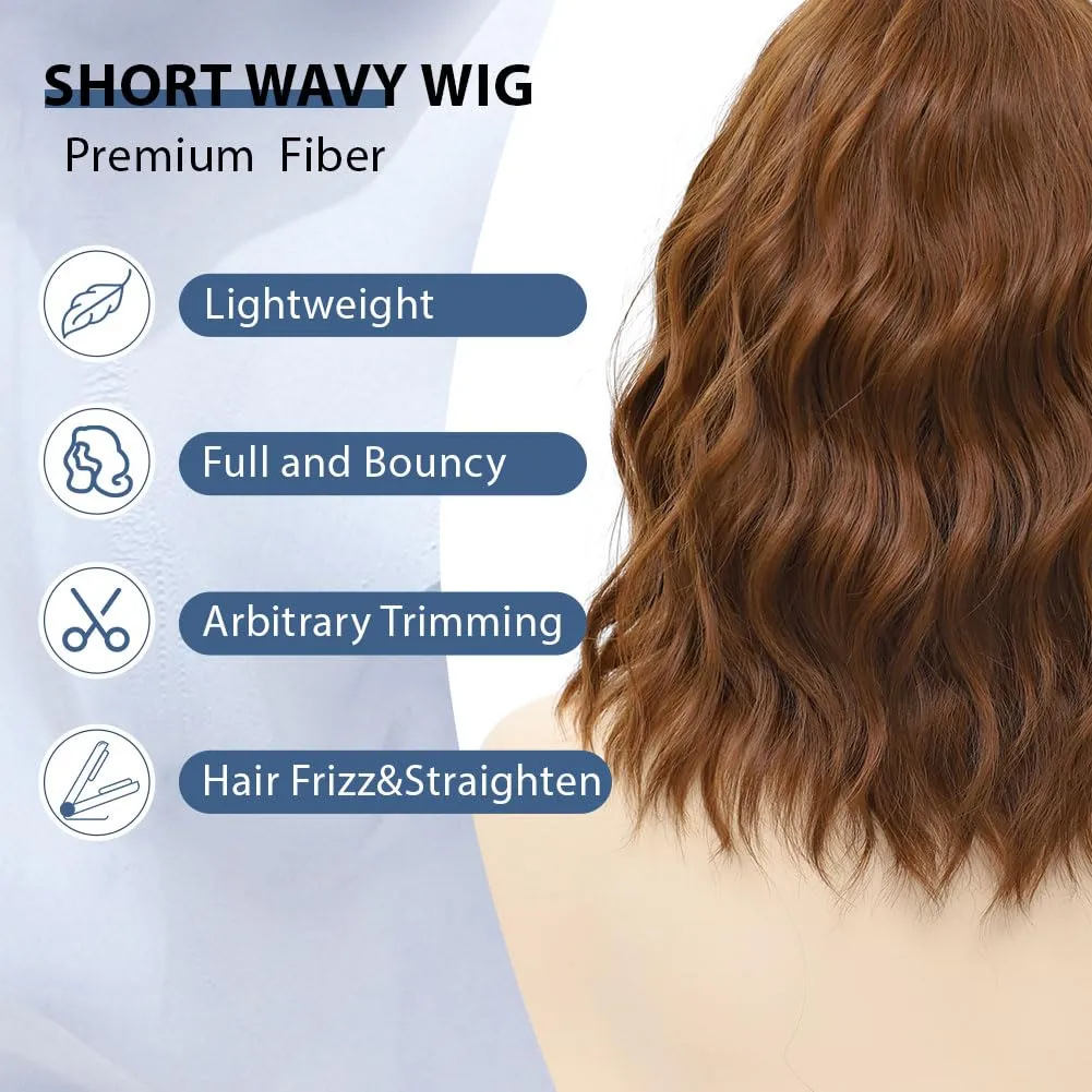 LOSMOEER Auburn Brown Wig with Bangs Short Wavy Wigs for Women Shoulder Length Curly Bob Wigs Heat Resistant Synthetic Wigs for Halloween Cosplay Daily Party Use
