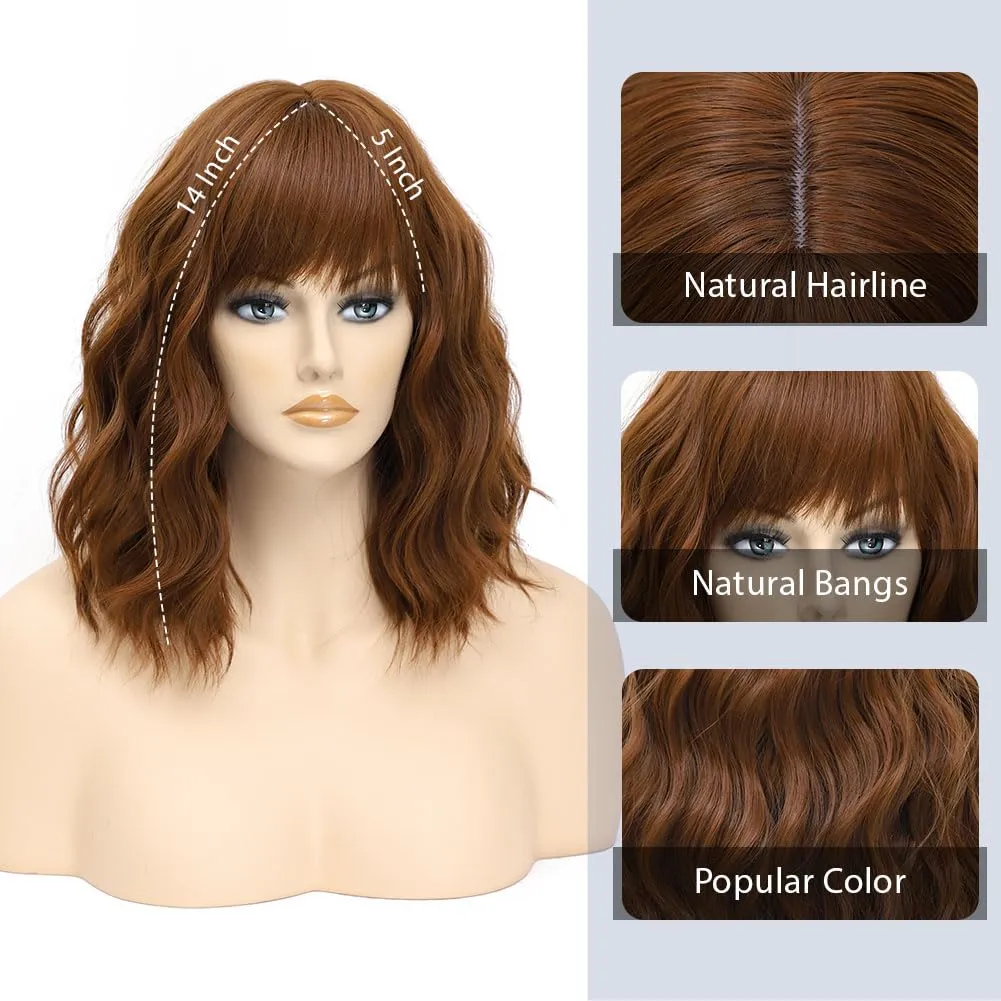LOSMOEER Auburn Brown Wig with Bangs Short Wavy Wigs for Women Shoulder Length Curly Bob Wigs Heat Resistant Synthetic Wigs for Halloween Cosplay Daily Party Use