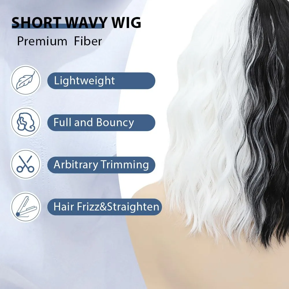 LOSMOEER Black and White Wig with Bangs Short Wavy Wigs for Women Shoulder Length Curly Bob Wigs Heat Resistant Synthetic Wigs for Halloween Cosplay Daily Party Use