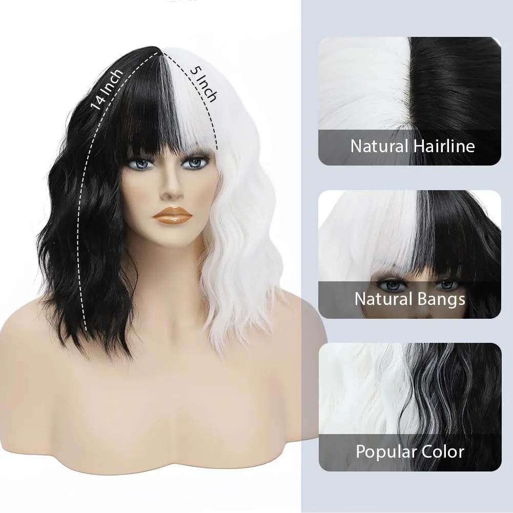 LOSMOEER Black and White Wig with Bangs Short Wavy Wigs for Women Shoulder Length Curly Bob Wigs Heat Resistant Synthetic Wigs for Halloween Cosplay Daily Party Use