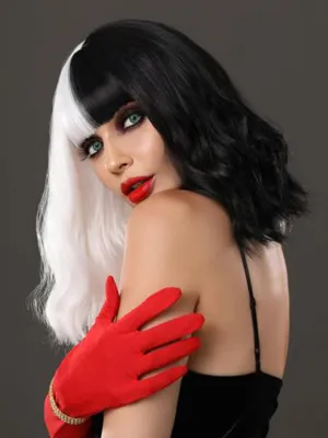 LOSMOEER Black and White Wig with Bangs Short Wavy Wigs for Women Shoulder Length Curly Bob Wigs Heat Resistant Synthetic Wigs for Halloween Cosplay Daily Party Use