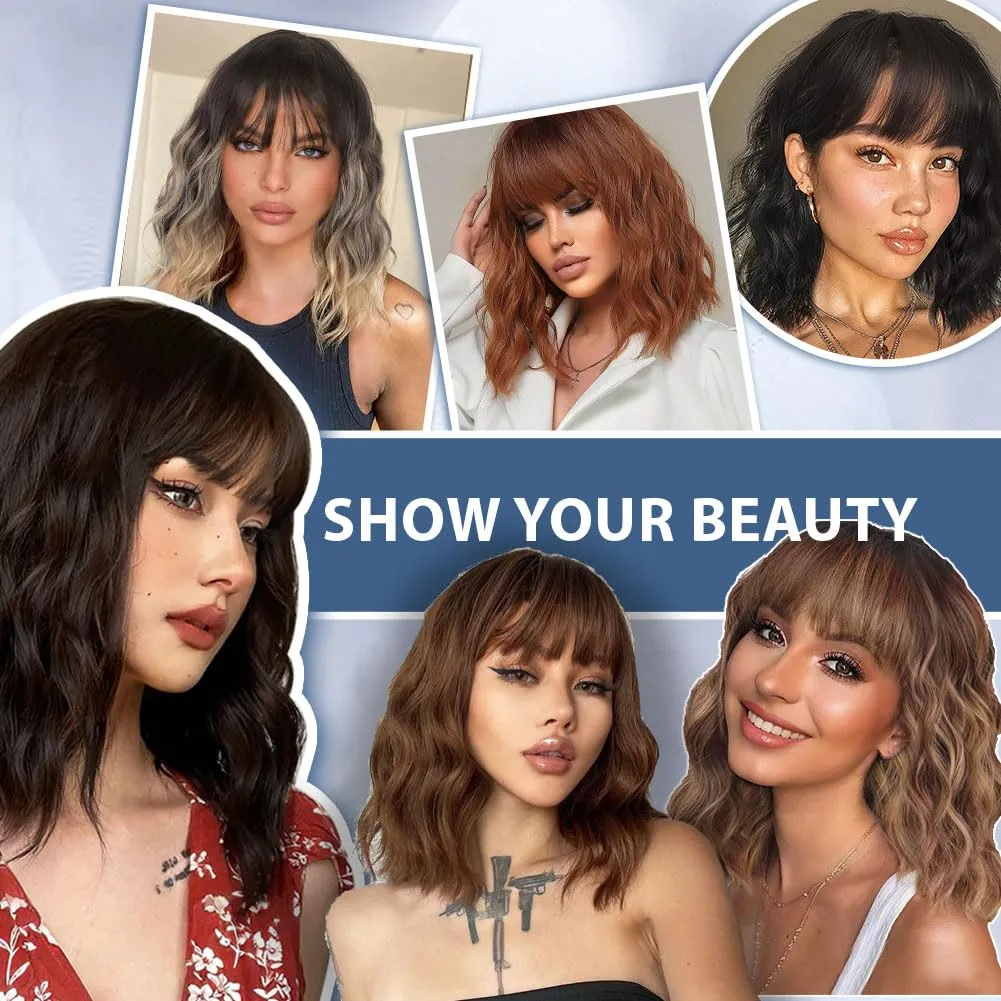 LOSMOEER Black Mix Brown Wig with Bangs Short Wavy Wigs for Women Shoulder Length Curly Bob Wigs Heat Resistant Synthetic Wigs for Halloween Cosplay Daily Party Use