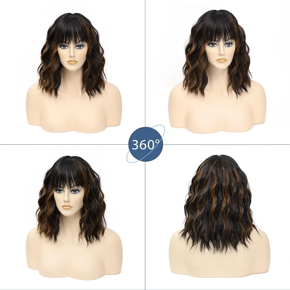 LOSMOEER Black Mix Brown Wig with Bangs Short Wavy Wigs for Women Shoulder Length Curly Bob Wigs Heat Resistant Synthetic Wigs for Halloween Cosplay Daily Party Use