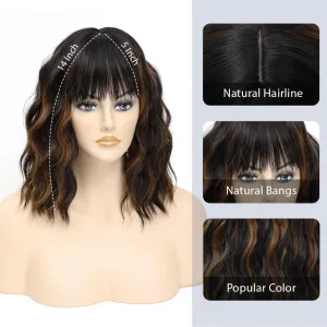 LOSMOEER Black Mix Brown Wig with Bangs Short Wavy Wigs for Women Shoulder Length Curly Bob Wigs Heat Resistant Synthetic Wigs for Halloween Cosplay Daily Party Use