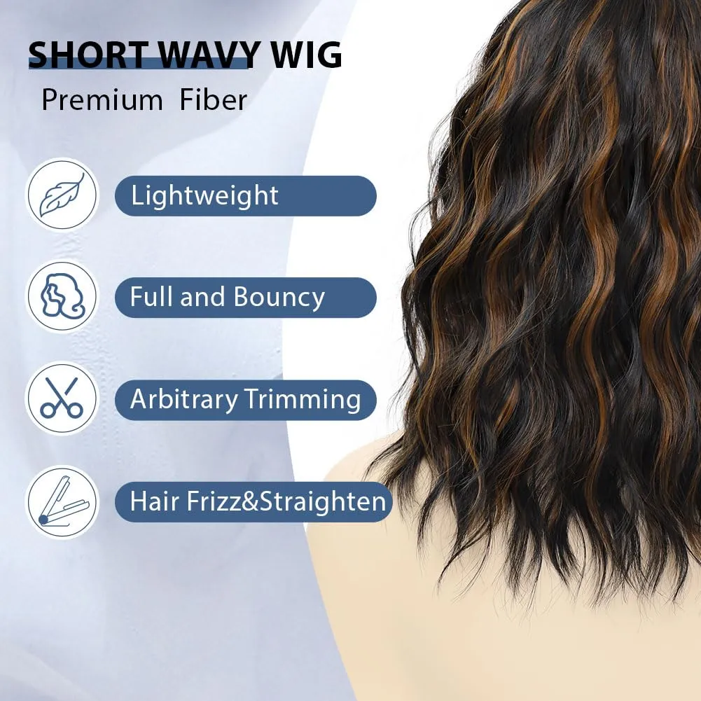 LOSMOEER Black Mix Brown Wig with Bangs Short Wavy Wigs for Women Shoulder Length Curly Bob Wigs Heat Resistant Synthetic Wigs for Halloween Cosplay Daily Party Use