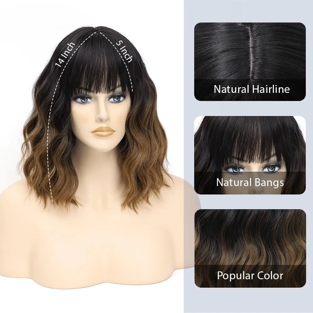 LOSMOEER Black to Brown Wig with Bangs Short Wavy Wigs for Women Shoulder Length Curly Bob Wigs Heat Resistant Synthetic Wigs for Halloween Cosplay Daily Party Use