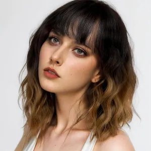 LOSMOEER Black to Brown Wig with Bangs Short Wavy Wigs for Women Shoulder Length Curly Bob Wigs Heat Resistant Synthetic Wigs for Halloween Cosplay Daily Party Use