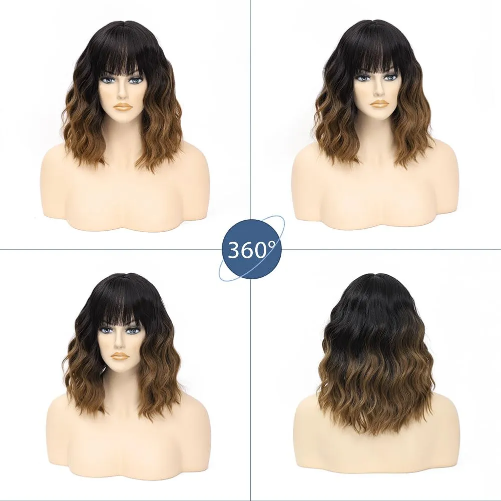 LOSMOEER Black to Brown Wig with Bangs Short Wavy Wigs for Women Shoulder Length Curly Bob Wigs Heat Resistant Synthetic Wigs for Halloween Cosplay Daily Party Use