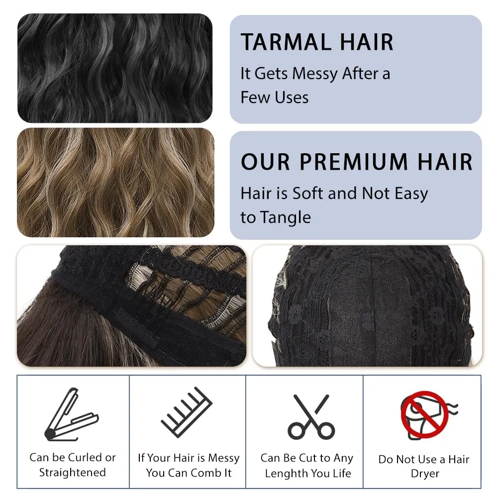 LOSMOEER Black to Brown Wig with Bangs Short Wavy Wigs for Women Shoulder Length Curly Bob Wigs Heat Resistant Synthetic Wigs for Halloween Cosplay Daily Party Use