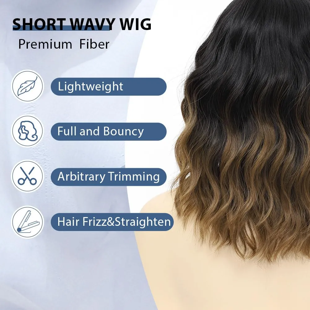 LOSMOEER Black to Brown Wig with Bangs Short Wavy Wigs for Women Shoulder Length Curly Bob Wigs Heat Resistant Synthetic Wigs for Halloween Cosplay Daily Party Use