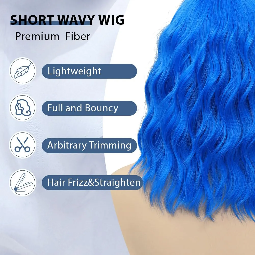 LOSMOEER Blue Wig with Bangs Short Wavy Wigs for Women Shoulder Length Curly Bob Wigs Heat Resistant Synthetic Wigs for Halloween Cosplay Daily Party Use