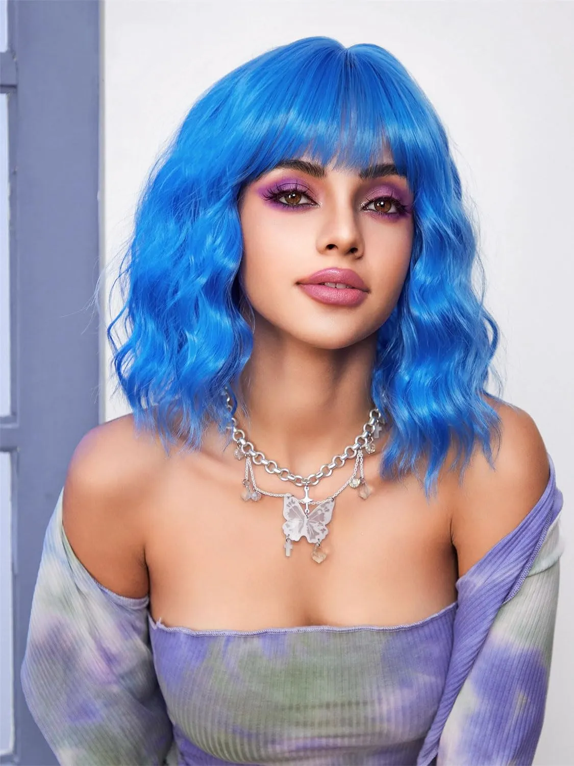 LOSMOEER Blue Wig with Bangs Short Wavy Wigs for Women Shoulder Length Curly Bob Wigs Heat Resistant Synthetic Wigs for Halloween Cosplay Daily Party Use